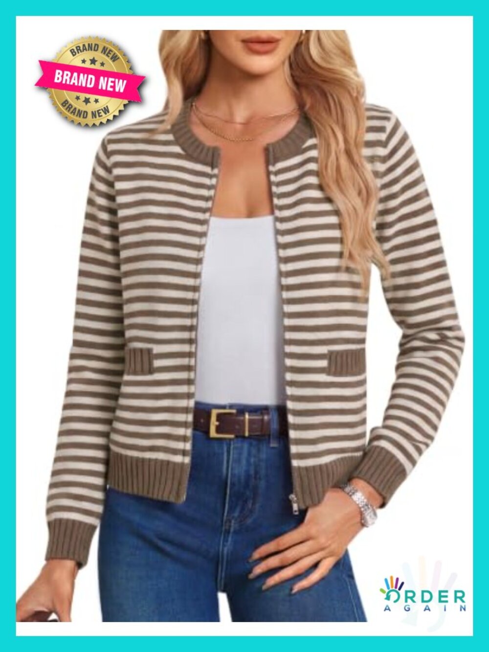 Ribbed Knit Cropped Zip Up Cardigan Slim Fit Crew Neck Side Pockets Sweater
